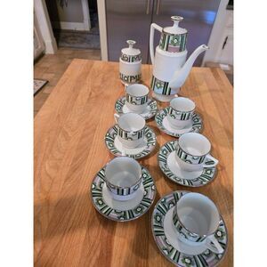 Chinese Tea Set 6 Cups/Saucers Creamer Tea Pot w Lid MCM Colors Cherry Blossom